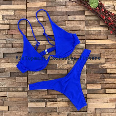 Solid Halter Strap Push Up Bra Fixed Skimpy Sexy T Back Thong Bikini Set Brazilian Swimwear