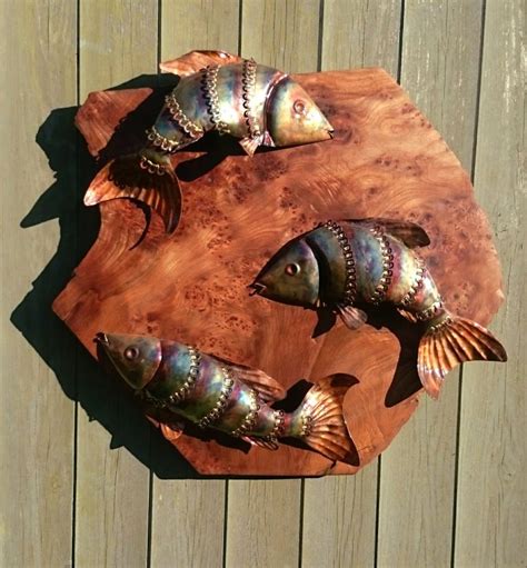 Emily Stone Copper Fish Leaping Sculpture Trio On Elm Copper Creatures
