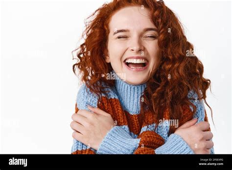 Close Up Portrait Of Happy Beautiful Redhead Woman With Curly Natural