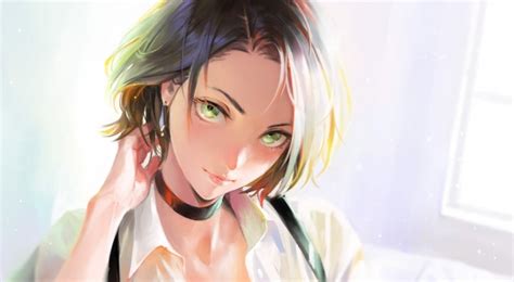 Download 1920x1080 Attractive Anime Girl Short Hair Green Eyes Semi