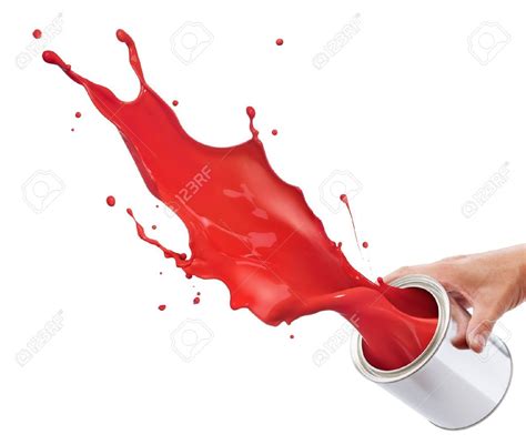 Pouring Red Paint From Its Bucket Creating Splash Stock Photo Red