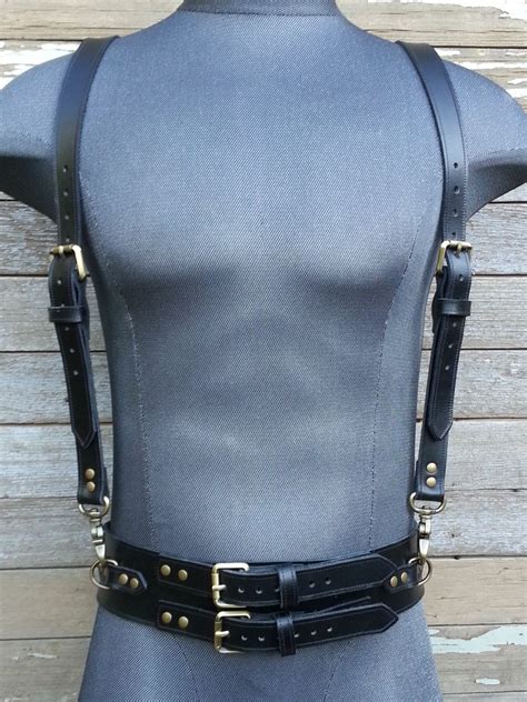 Steampunk Black Leather Harness With Antique Brass Hardware By