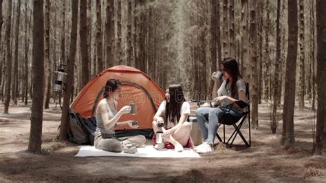 Lgbt Lesbian Women Couple Camping Or Picnic Together In Forest Teenager Enjoy Moment Talking In