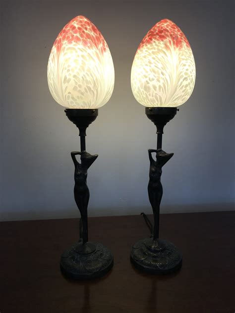 Pair Of American Art Deco Lady Lamps With Spectacular Shades Artedeco Online Antiques