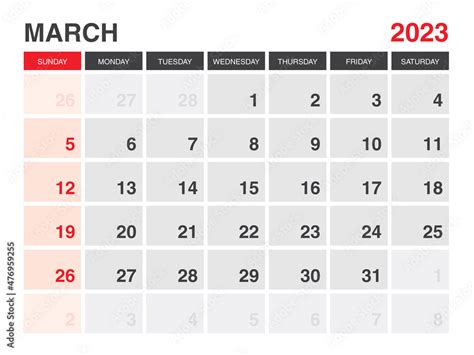 Vecteur Stock March 2023 Calendar Printable Calendar 2023 Planner