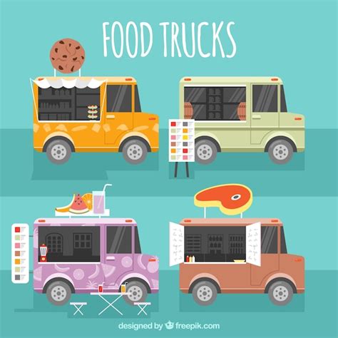 Free Vector Modern Pack Of Flat Food Trucks