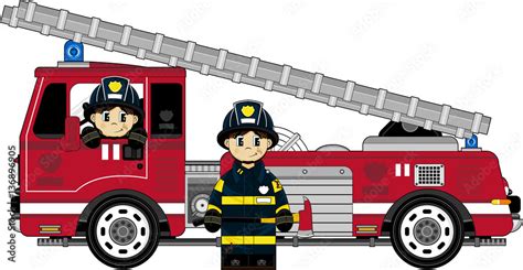 Cute Cartoon Firemen Firefighters And Fire Truck Stock Vector Adobe
