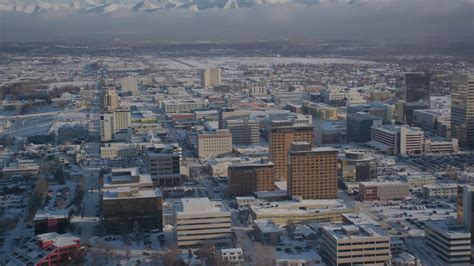 4k Stock Footage Aerial Video Snow Covered Downtown Anchorage Alaska