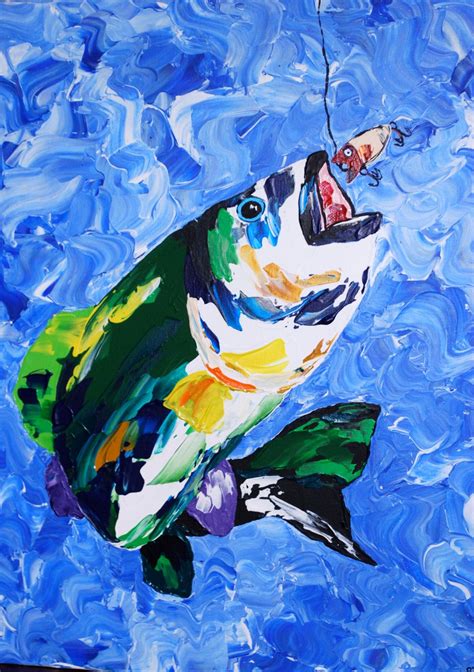 Colorful Bass Fish 16x20 Acrylic Pallet Knife Painting On Gallery