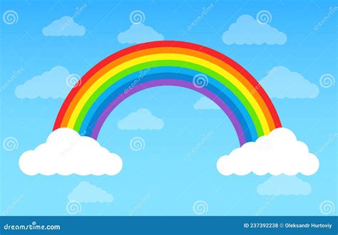 Rainbow With Clouds On Blue Sky Multicoloured Circular Arc Stock