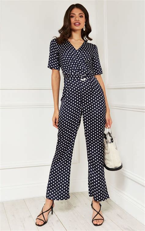 Short Sleeve Wrap Jumpsuit In Navy Polka Dot Bella And Blue Silkfred Wrap Jumpsuit Navy