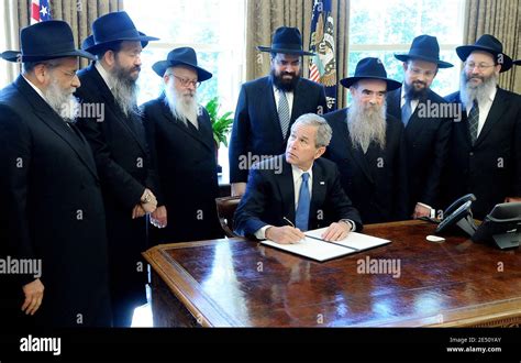 Us President George W Bush C Is Surrounded By Ten Chabad Rabbis As
