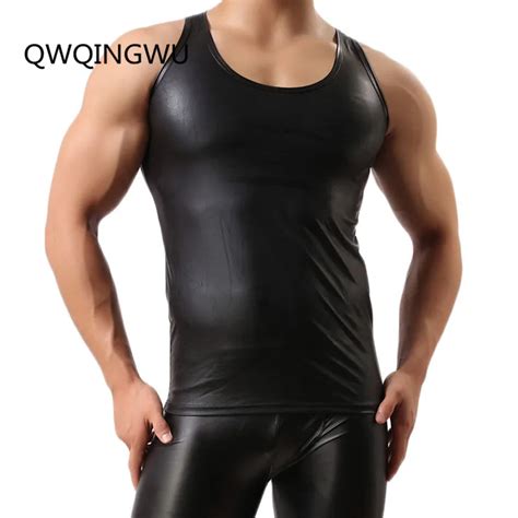 Sexy Mens T Shirt Black Faux Leather Short Sleeve Pu Undershirt Tank