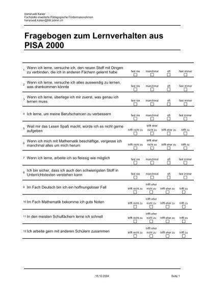 Fragebogen Zum Lernverhalten Aus Pisa 2000 Hansruedi Kaiser