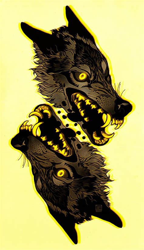 Two Black Cats With Yellow Eyes And Fangs On Their Faces Are Facing