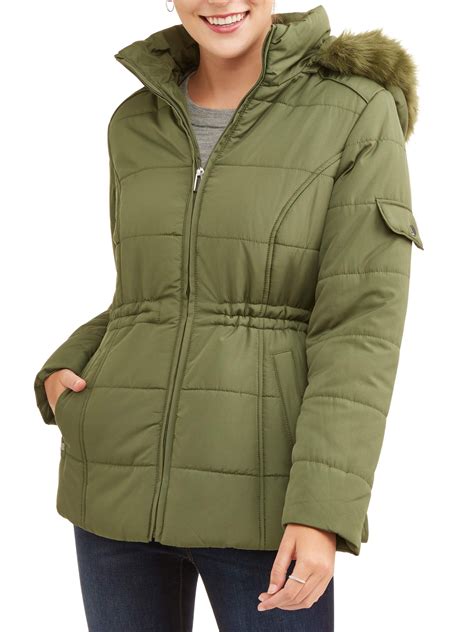 Weather Tamer Womens Quilted Puffer Jacket With Faux Fur Trim Hood