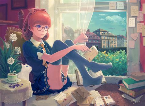 Wallpaper Tyc001x Anime Girls Original Characters Meganekko Glasses Indoors Sitting