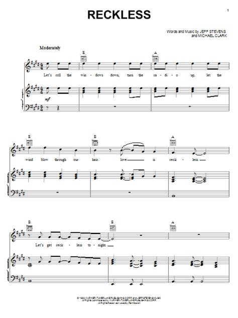 Reckless Sheet Music Alabama Piano Vocal And Guitar Chords Right Hand Melody