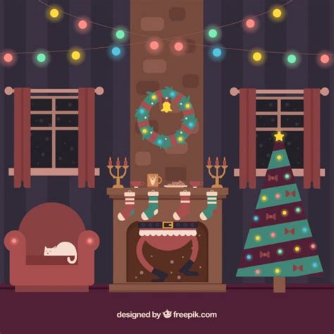 Christmas Living Room With Santa Claus Inside The Fireplace Free