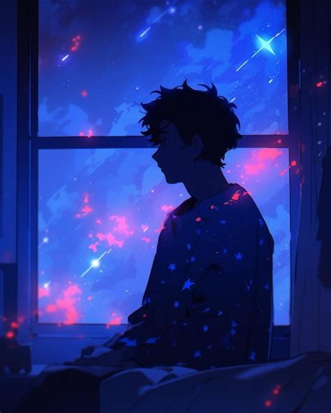 Premium Ai Image Anime Boy Sitting On Bed Looking Out Window At Night