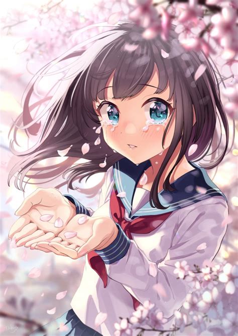 Wallpaper Anime Girl Crying Tears Sakura Blossom Loli