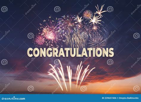 Congratulations Banner With Fireworks In Sky Stock Illustration