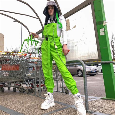 Hip Hop Costumes Women Fluorescent Green Overalls Jumpsuit Adults