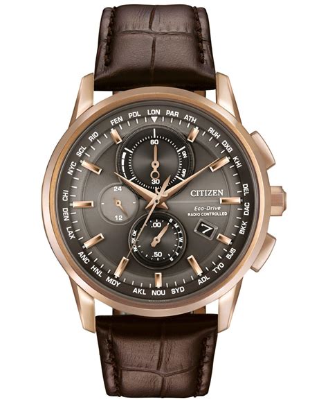 Citizen Mens Chronograph Eco Drive Brown Leather Strap Watch 43mm