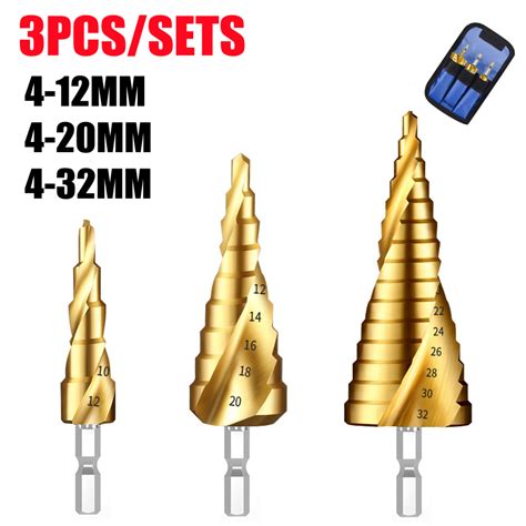 3pcs Hss Spiral Groove Step Drill Bit Set Titanium Coated Wood Metal