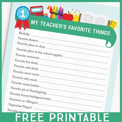3 Teacher Favorite Things Printable Questionnaires For Teacher Ts
