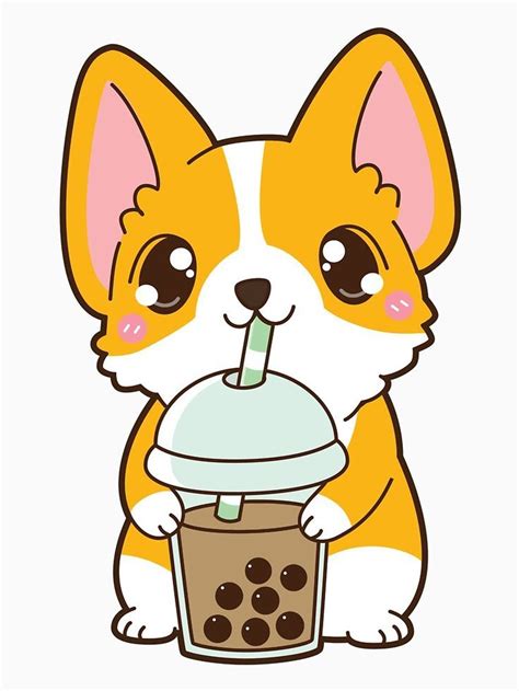 I wanted to keep experimenting with digital styles and i tried painting and it was kinda a miss. 'Boba Corgi with Classic Milk Tea - White' T-Shirt by ...