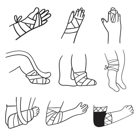 vendaje en manos piernas brazos colección de iconos de contorno lesión ilustraciones sobre