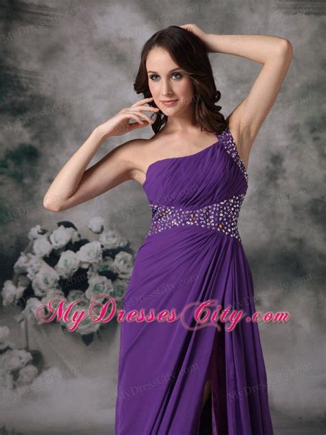High Slit Purple Empire One Shoulder Celebrity Dress Chiffon Beading