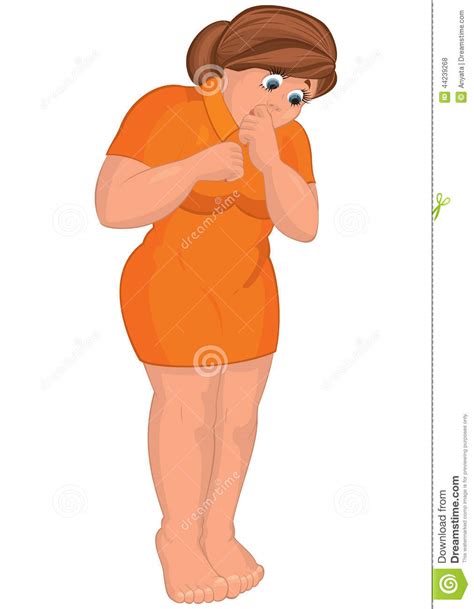 Cartoon Young Fat Woman In Orange Dress Barefoot Looking Down Stock