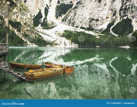 Turquoise Lake In South Tyrol Braies In The Dolomites Stock Image