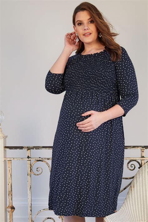 Bump It Up Maternity Navy And White Polka Dot Dress With Ruched Bodice Plus Size 16 To 32