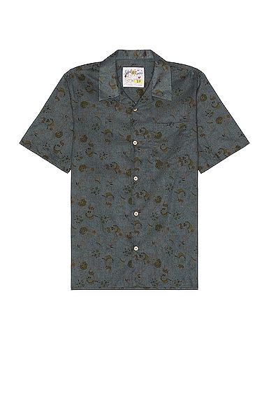 Naked Famous Denim Flora Sketches Aloha Shirt In Grey Blue FWRD