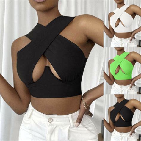 Sexy Strappy Cross Over Front Cut Out Halter Neck Backless Wrap Crop Top Bandage Ebay