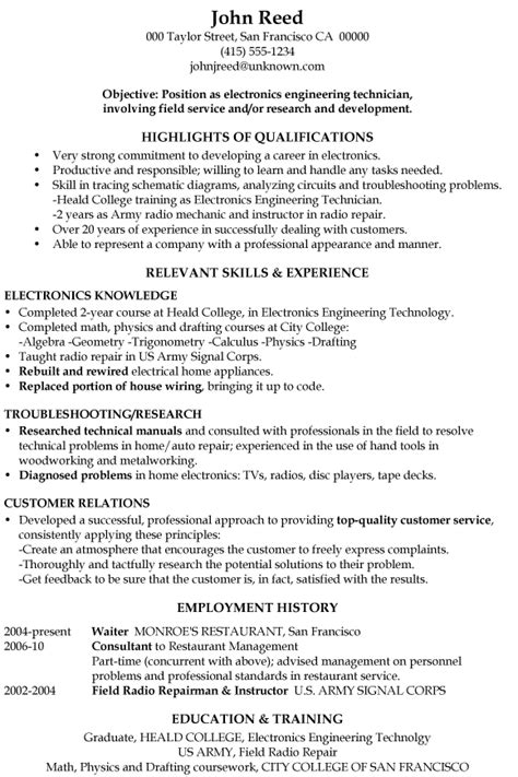 It features an engineering icon at the top and a 'blueprint' background, with a white bar highlighting both contact info and quotes from references. Resume Sample: Electronics Engineering Technician