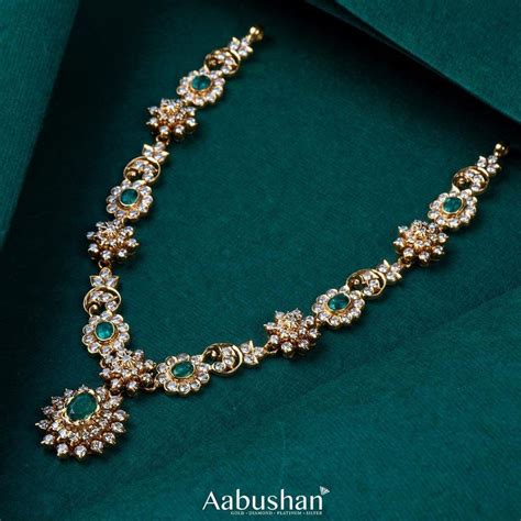 Diamond Necklace With Green Stones South India Jewels In Gold