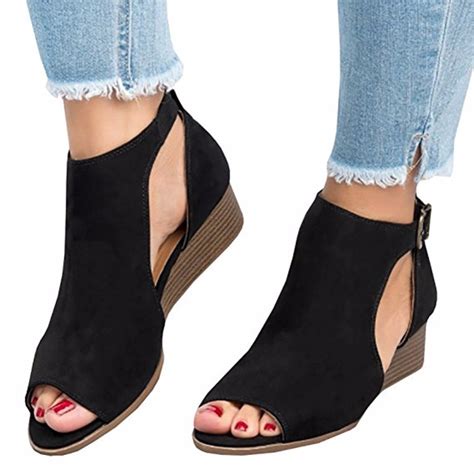 Womens Low Heel Wedge Sandals Open Peep Toe Side Cut Out Ankle Buckle Cushioned Strap Summer