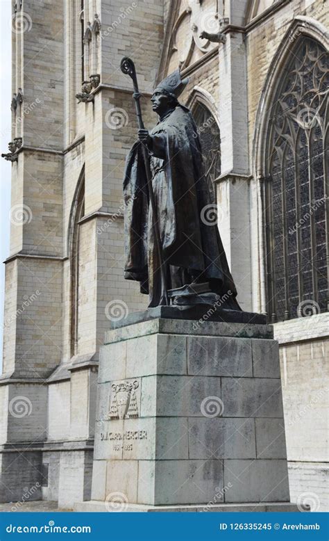 Statue Of Cardinal Mercier Near St Michaels And St Editorial Image