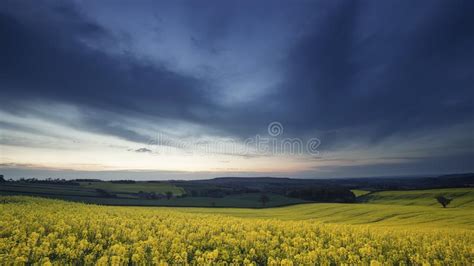 Dawn Sky Over Blooming Rapseed Field In Uk Stock Photo Image Of