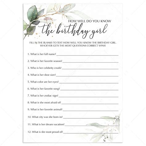 Greenery Birthday Trivia Quiz Printable How Well Do You Know The