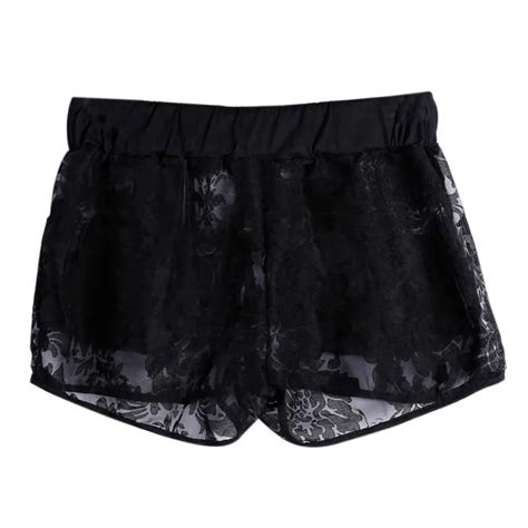 Girls Drawstring Shorts Sexy Black Lace Sheer Floral Hollow Out Summer