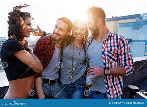 Joyful Friends Having Party On Roof Stock Image Image Of Enjoyment