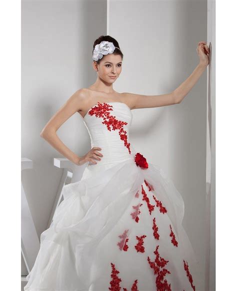 Gorgeous Red And White Lace Organza Wedding Dress Strapless Oph1359
