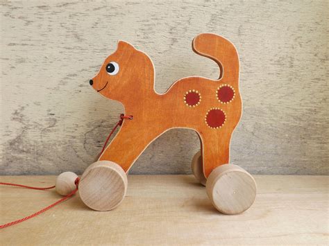 Wooden Pull Toy Cat In Brown Ocher Handmade Customized Toy Etsy