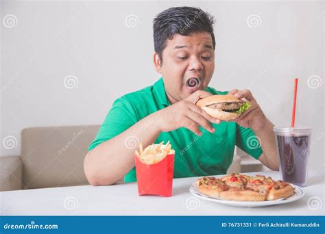 Obese Man Eating Junk Food Stock Image Image Of Belly 76731331