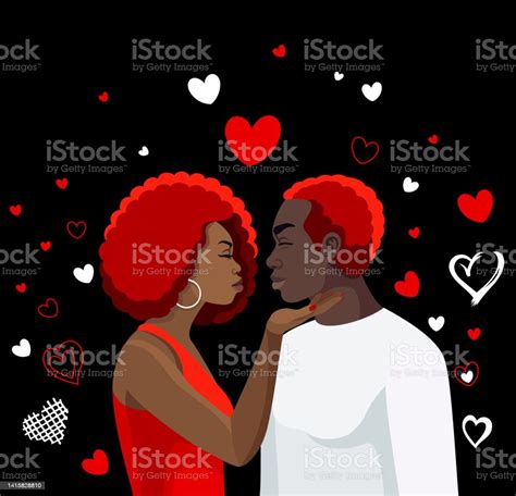 Portret Black Woman Kissing A Man Black Background Afro Hairstyle Stock Illustration Download